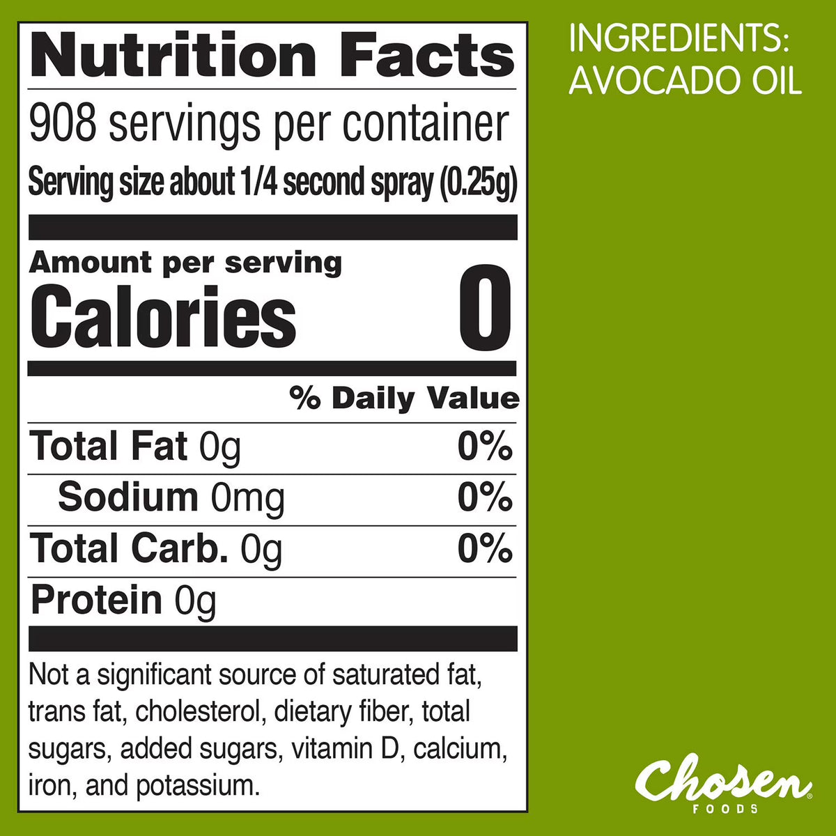 Nutrition facts label for avocado oil with 'Chosen Foods' branding on a green background.