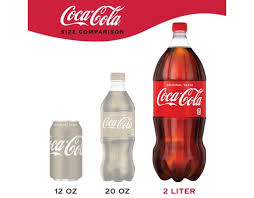 Comparison chart of Coca-Cola bottles in different sizes with red and white labels.