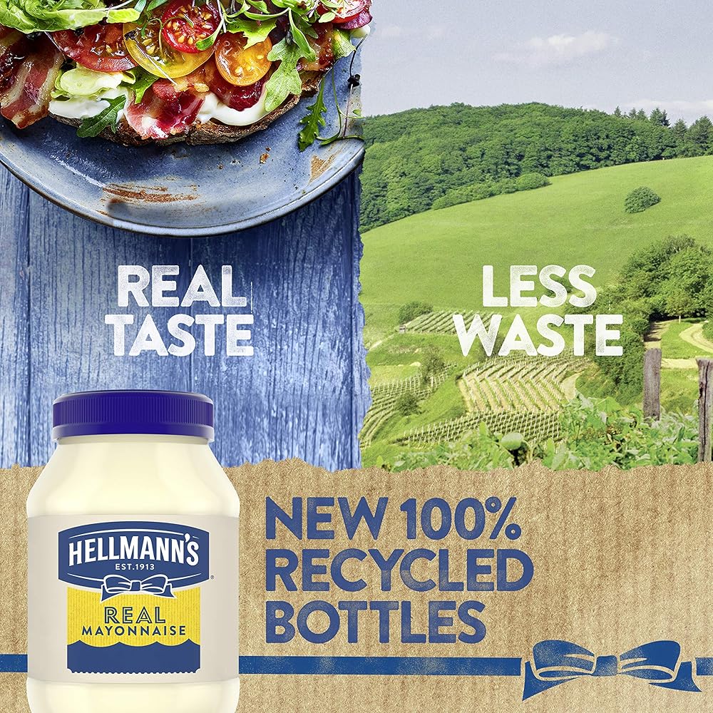 Hellmann's mayonnaise bottle with a sandwich, fields, and text about taste and waste reduction.