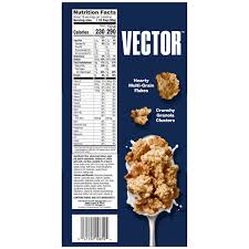 Kellogg’s Vector Cereal 40 oz High Protein & Fiber Breakfast nutritional information and product image on a blue background