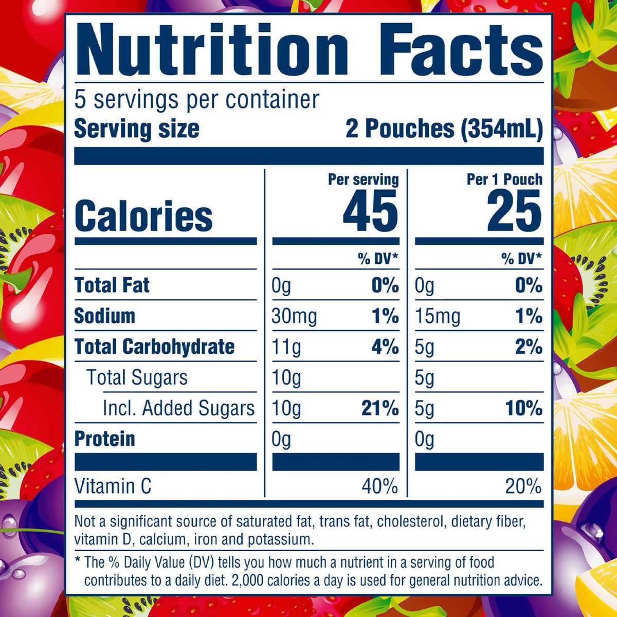 Kool-Aid Jammers Juice Pouches Variety Pack 6 fl oz 40 Count
Nutrition facts label with colorful fruit background