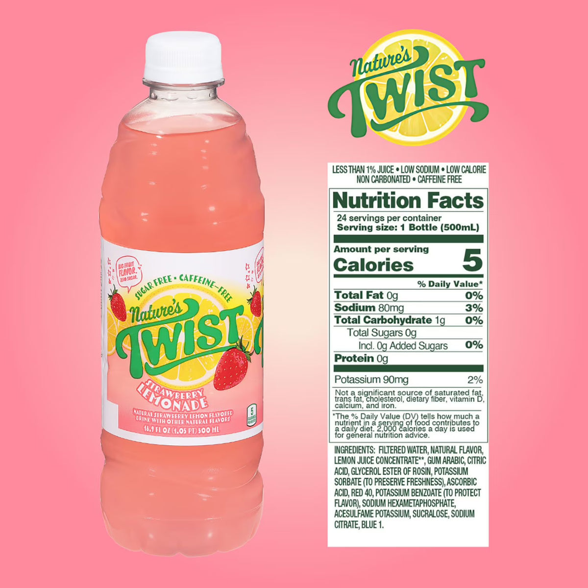 Nature's Twist strawberry lemonade bottle with nutrition facts label on a pink background