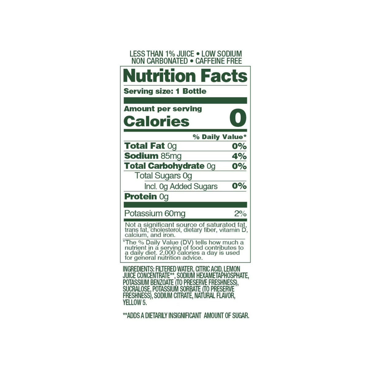 Nutrition facts label for a low-sodium, caffeine-free drink on a white background
