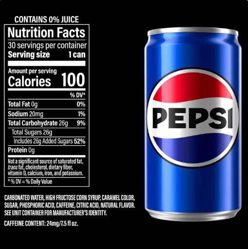 Pepsi can with nutrition facts label on a black background