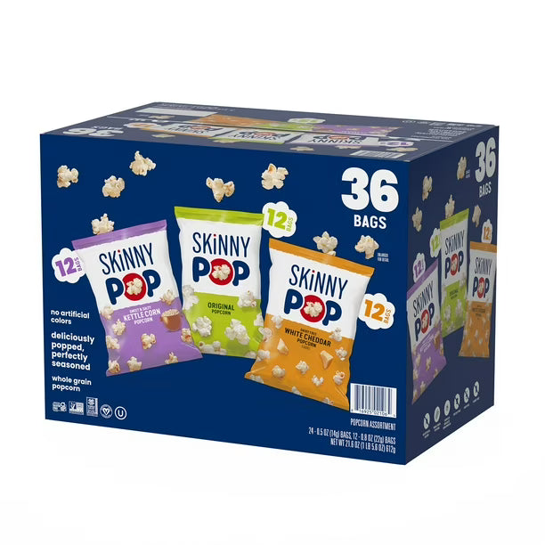 Box of Skinny Pop popcorn with various flavors on a white background