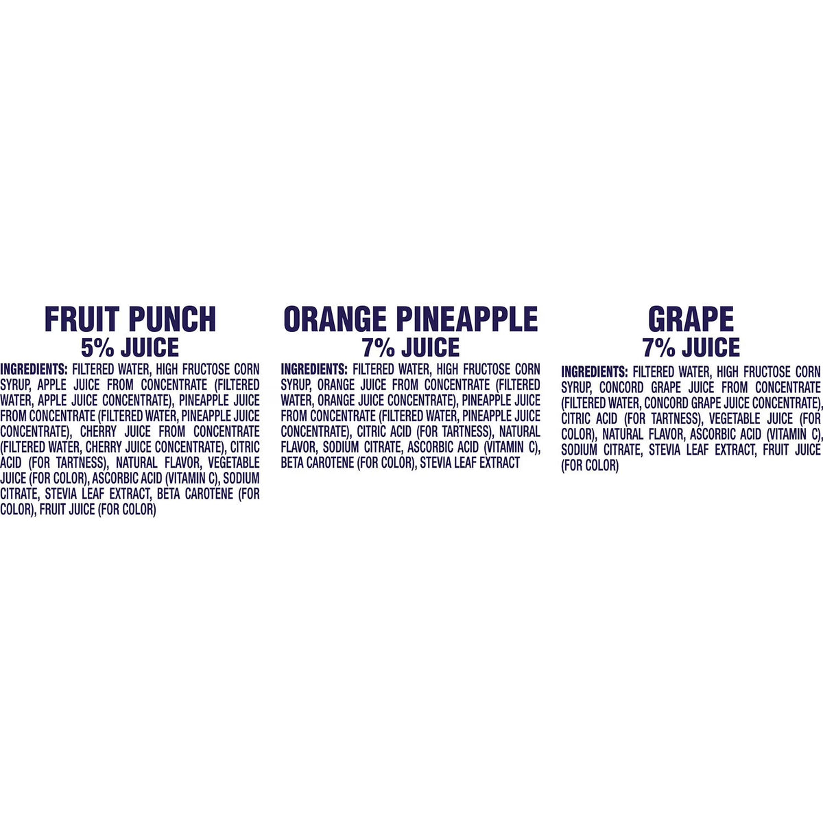 Ingredients list for different juice flavors on a white background