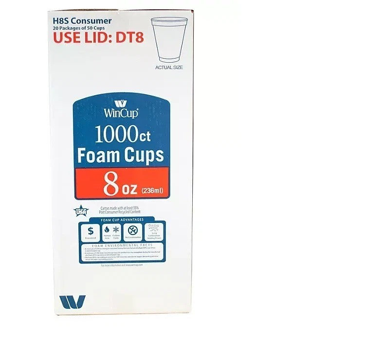 WinCup 8 oz Disposable Foam Cups White 1000 Count