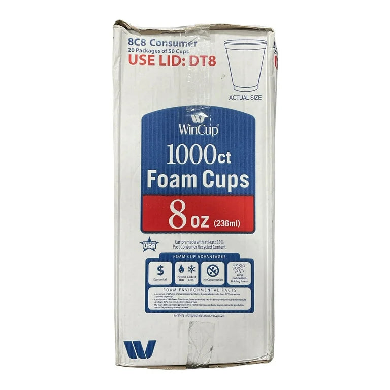 Box of WinCup foam cups with 1000 count and 8 oz capacity