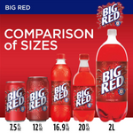 Comparison of Big Red soda sizes on a red background with the Big Red logo.