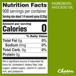 Nutrition facts label for avocado oil with 'Chosen Foods' branding on a green background.