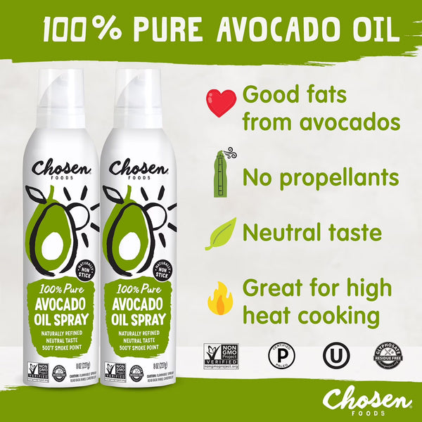 Chosen Foods Avocado Oil Cooking Spray, 8 oz – 2 Pack | Healthy Non-Stick Avocado Oil Spray