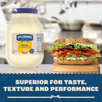 Hellmann's mayonnaise jar with a sandwich on a kitchen counter, featuring text about product attributes.