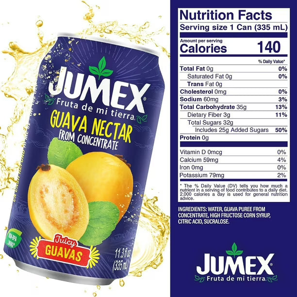 Jumex guava nectar can with nutrition facts label on a white background