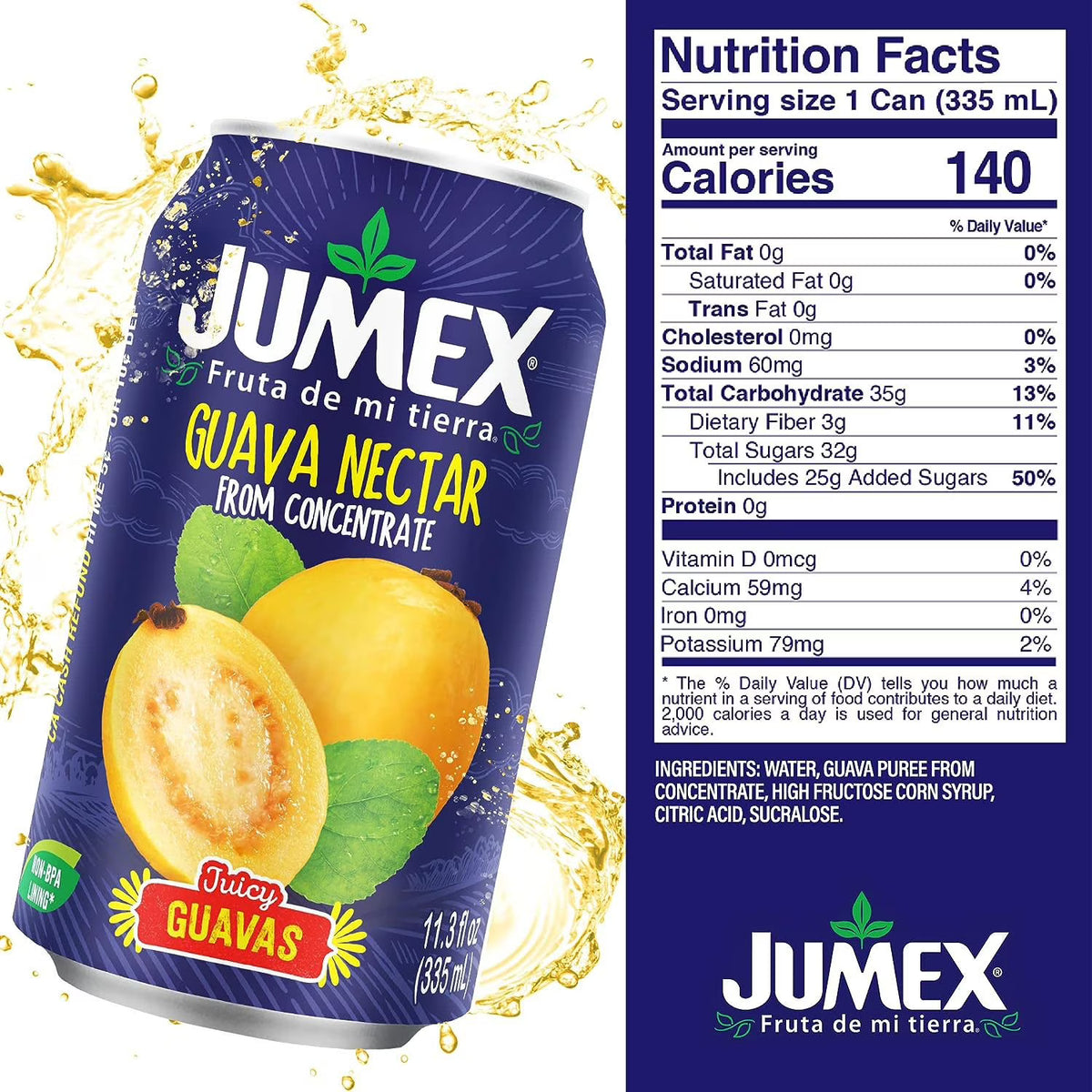 Jumex guava nectar can with nutrition facts label on a white background