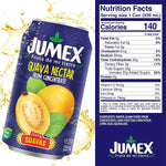 Jumex guava nectar can with nutrition facts label on a white background
