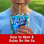 Child drinking from a Kool-Aid Jammers pack with a straw, outdoors.