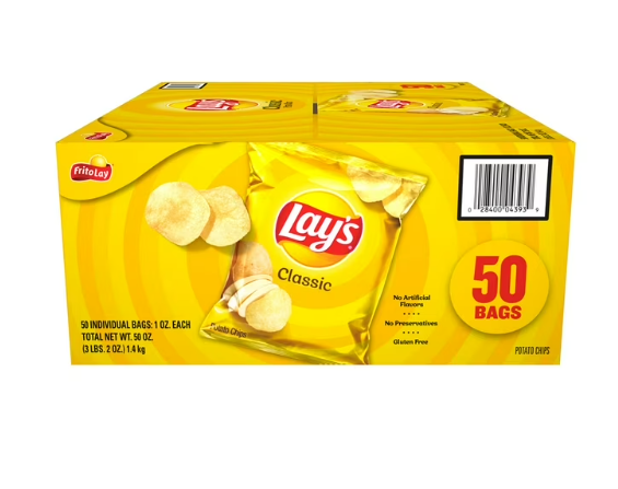 Box of Lay's Classic potato chips with 50 bags on a white background