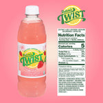 Nature's Twist strawberry lemonade bottle with nutrition facts label on a pink background