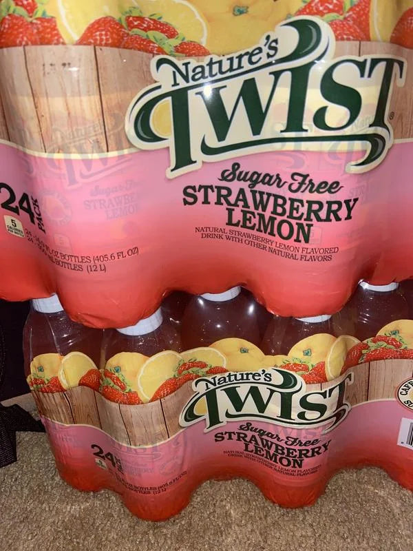 Packaging of Nature's Twist sugar-free strawberry lemon drinks.
