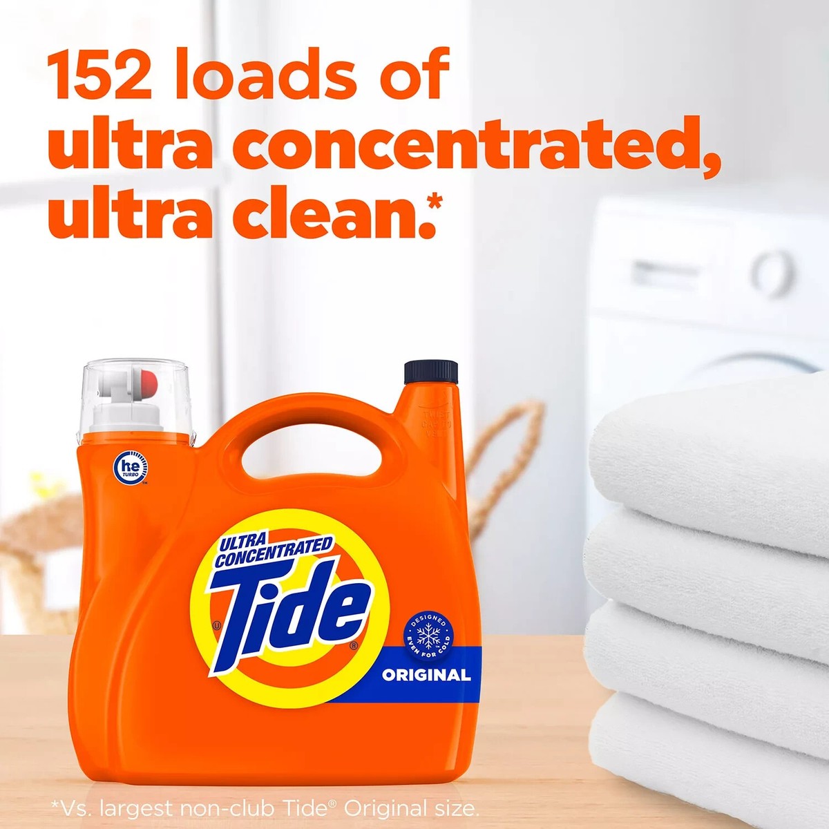 Orange Tide laundry detergent bottle with text about loads and a stack of white clothes in the background.