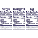 Nutrition facts label for different juice flavors on a white background