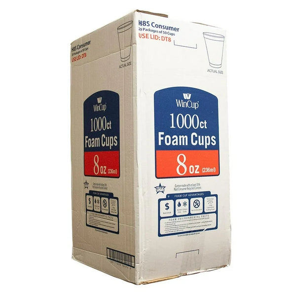 WinCup 8 oz Disposable Foam Cups, White, 1000 Count — Bulk Party & Event Drinkware