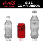 Coca-Cola Zero Sugar size comparison with bottle and can on a white background