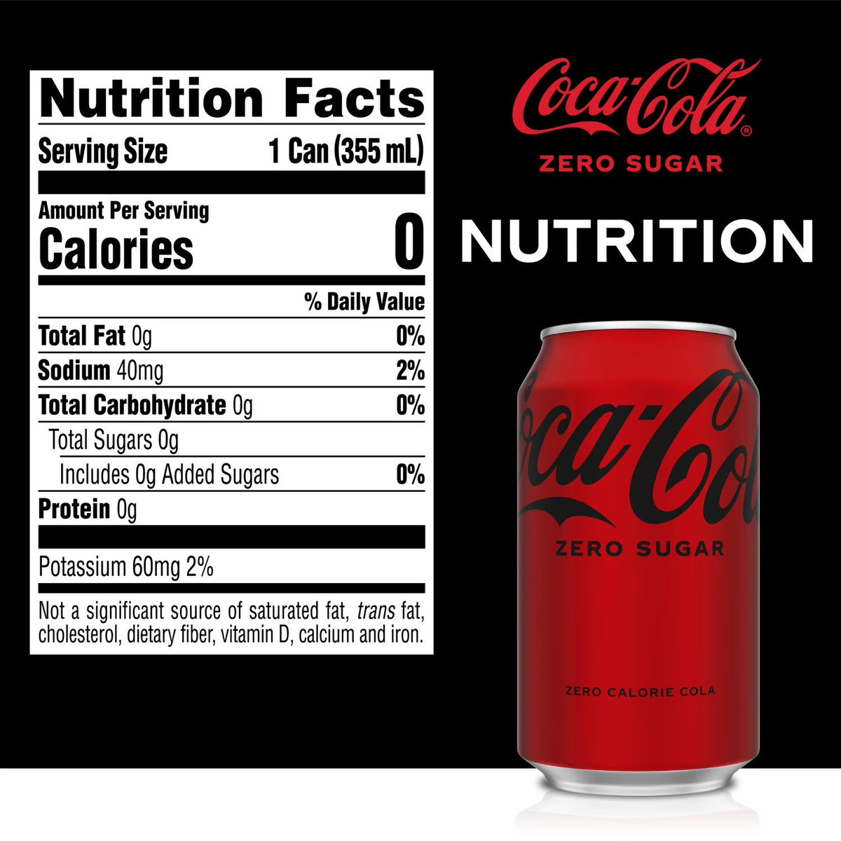 Coca-Cola Zero Sugar can with nutrition facts label on a black background